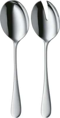 A pair of salad servers, one solid spoon and one slotted spoon, are displayed against a white background.