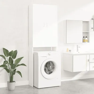 Image de Armoire de rangement pour machine à laver, avec 2 portes et 3 compartiments. Meuble de salle de bain, armoire de salle de bain, étagère de salle de bain, meuble de salle de bain, meuble haut. Couleur : blanc. Dimensions : 64 x 25,5 x 190 cm