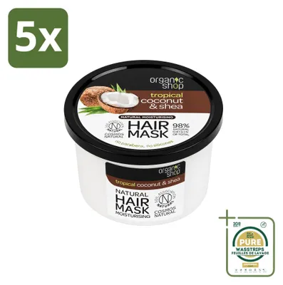 Productafbeelding van 5 x Biologisch haarmasker Kokos & Shea - Verzorgend en voedend - 250 ml - Voordeelverpakking - 5 stuks