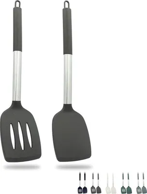 Produktbild von Famanu Silikon Kochgeschirr Set mit 2 Spateln - Hitzebeständig und mit Edelstahlgriff