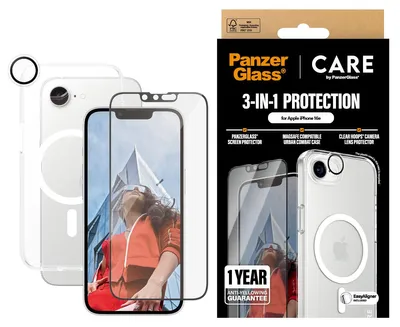 Zdjęcie produktu dla PanzerGlass ® | CARE by ® Flagship 3-in-1 Bundle iPhone 16e, Apple, Apple - iPhone 16e, Aplikacja na sucho, Odporny na zadrapania, Odporny na wstrząsy, Przezroczysty, 1 szt.