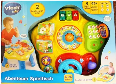 The image shows the retail packaging of a Vtech Baby "Abenteuer Spieltisch" (Adventure Play Table).