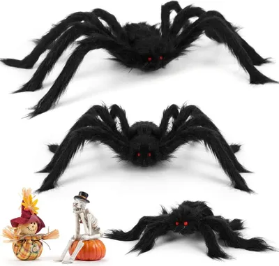 Produktbild von Halloween-Spinnen, 3 Stück große Halloween-Spinnen, 75 cm, 60 cm, 30 cm, Plüschspinne, Kunstspinne, Halloween-Dekoration für Party, Spukhaus, Halloween-Deko