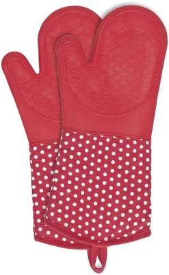 Produktbild von Unyqoos® Hitzebeständige Silikon-Ofen- und Grillhandschuhe mit Baumwoll-Innenfutter, rot mit weißen Punkten, 18,5 x 37,5 cm, waschbar 30 °C, 167 g