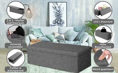 Image de Banc de rangement pliable gris foncé, 115 cm, MDF, revêtement PU