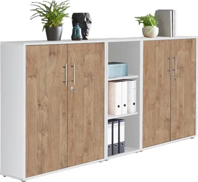 Produktbild von Aktenschrank TABOR 8 in weiß / Gold Harbor Oak, Schrankwand, Büroschrank, abschließbar, Metallgriffe