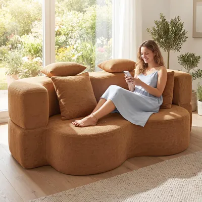 Produktbild von 2-in-1 Bouclé Schlafsofa, modulares Bodensofa mit Kissen für Wohnzimmer