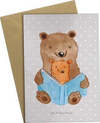 Produktbild von Mr. & Mrs. Panda babykarte Bären Buch - Grau Pastell - Geschenk, Muttertag, Geschichtenerzähler, Geschichten Oma, dankeskarten, osterkarte, Omi, einladungskarten