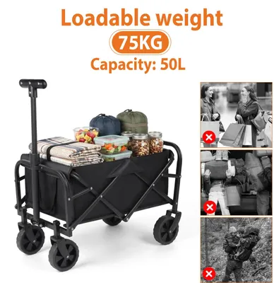 Obrázek produktu pro Skládací vozík na kempování – přepravní vozík s nosností 75 kg – objem 50 l – ultralehký, váha 3,2 kg – otočná kola o 360° – vhodný na pláž, do zahrady, na nákupy – typ B