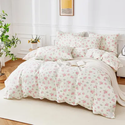 Immagine prodotto di Set di lenzuola con motivo floreale, 220x240 cm, rosa, composto da 3 pezzi, in cotone, con 2 federe 80x80 cm