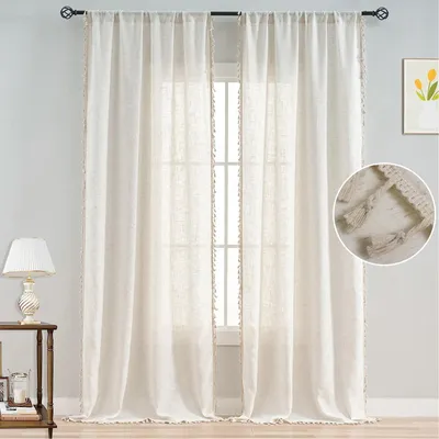 Produktbild von 2er Set Vorhänge Leinenoptik Voile Halbtransparent Vorhang mit Quaste Gardinen Dekoschal für Schlafzimmer Wohnzimmer, B132xH241cm