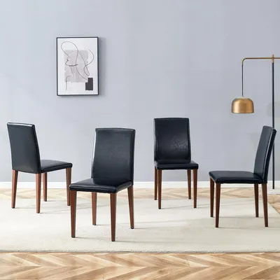 Obrázok produktu pre Sada štyroch jedálenských stoličiek, minimalistický dizajn, umelá koža (PU), kovové nohy, vzhľad dreva (orech + čierna)