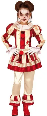 Obrázok produktu pre Klaun Halloween detský kostým Horor Strašidelný karneval Party Fun Cirkus Červená Biele pruhy Korálky, Veľkosť: 128/134 Farba: béžová