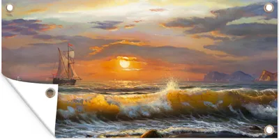 Produktbild von MuchoWow® 160x80 cm Outdoor-Poster Gartendeko Sichtschutz Garten Poster für den Garten  Malerei - Wasser - Segelboot - Ölfarbe