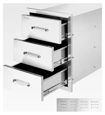 Produktbild von Flächenbündig montierte Grillschubladen für Außenküchen mit dreifachem Zugriff und Edelstahlgriff, 400 x 450 x 450 mm
