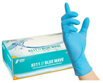 Produktbild von NITRAS BLUE WAVE, Nitril-Einmalhandschuhe, blau, EN 455, EN ISO 21420, EN ISO 374, EN 421, Box à 100 Stück Gr.: XXL