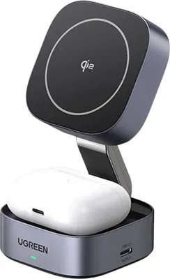 A wireless charging stand for a phone and earbuds.