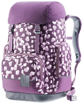 A purple backpack with a white and pink speckled pattern.
