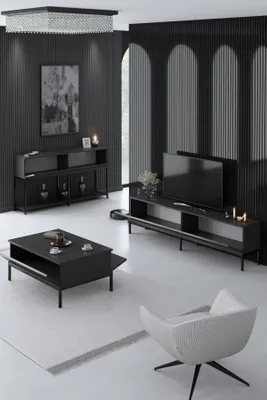 Produktbild von skye-decor Wohnzimmermöbel-Set Lord, Anthracite Black, 3-teilig, mit TV-Ständer (180x30x47 cm) und Konsole (150x80x30 cm), aus melaminbeschichteter Spanplatte und Metallbeinen, 18mm Dicke