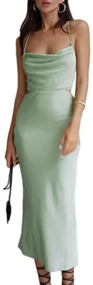 Produktbild von xxxiticat Damen Wasserfallausschnitt Maxi Slip Kleid Spaghettiträger Ärmellos Ta