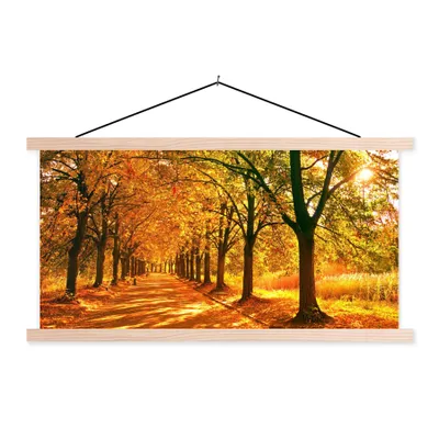 Produktbild von MuchoWow® Textilposter Wald - Herbst - Jahreszeiten - Ländlich 120x60 cm mit holzfarbenen Rahmen - Klemmleiste