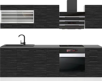 Obrázok produktu pre Belini kuchynská linka kuchynský blok Margaret - kuchynský nábytok 240 cm kuchynská linka na mieru plne vybavená bez elektrospotrebičov s nástennými a spodnými skrinkami, s pracovnou doskou, kráľovský eben
