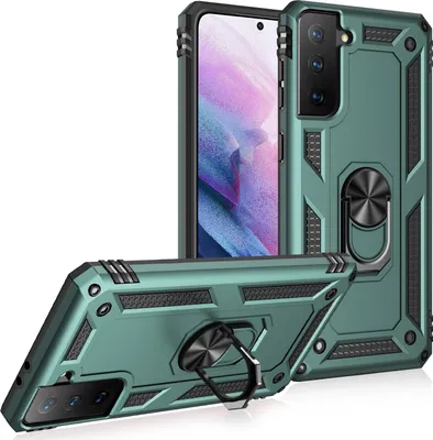 Obrázek produktu pro Pouzdro pro Galaxy S21 5G dvouvrstvé robustní, vojenská ochrana pouzdro s držákem prstenu a stojánkem zelené