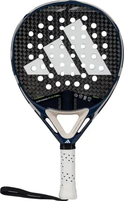 A close-up, front-facing studio shot of a navy blue and black Adidas padel racket with white accents and branding.