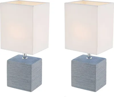 Produktbild von 2er Set Globo Tischleuchte GERI Keramik grau, Stoff weiß, Tischlampe Wohnraum