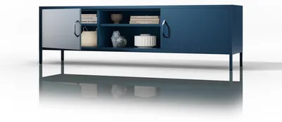Immagine prodotto di Jan Nowak Mobile TV ROSARIA Mobile TV per soggiorno Tavolo TV in metallo con ante e vano a giorno 170 x 50 x 40 cm Blu scuro