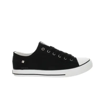 A black sneaker with white laces and a white sole is shown against a white background.
