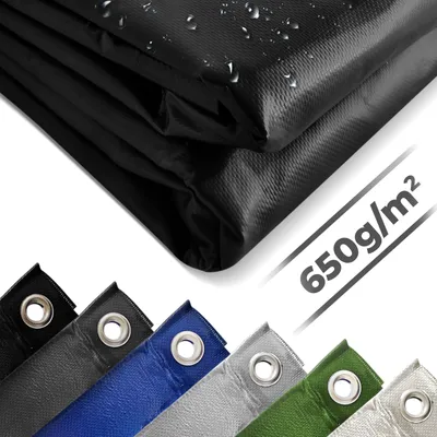 A close-up of a black tarp with water droplets, with a diagonal text overlay and a row of grommets from different colored tarps at the bottom.