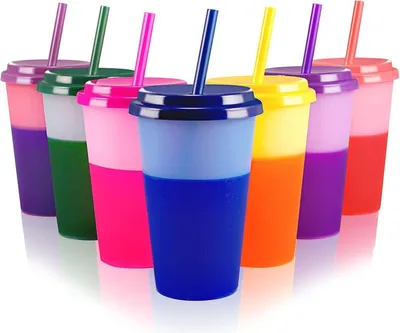 Obrázek produktu pro Patinao sada 7 kelímků na změnu barev 350 ml s brčkem a víčkem