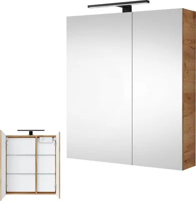 A bathroom cabinet with mirrored doors and LED lighting.