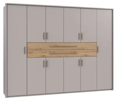 Obrázek produktu pro Skříň s otočnými dvířky, šatní skříň, výška 273 cm, barva béžová/šedá, zásuvky, úchytky z dubu Artisan / 22645