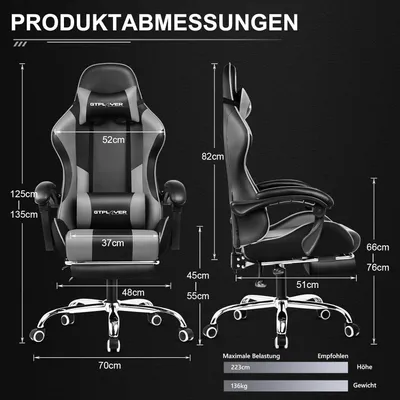 Immagine prodotto di Sedia da gaming ergonomica con poggiapiedi, supporto lombare, cuscino per la testa e rivestimento grigio