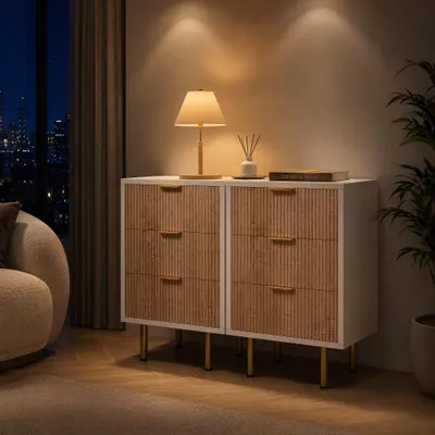 Produktbild von ProximaX Nachttisch 2er Set, Weiß & Naturholz, 3 Schubladen, Wellenprofil, Goldene Griffe, Modernes Design