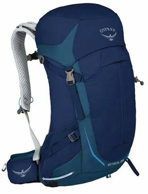 A blue Osprey backpack shown from the side.