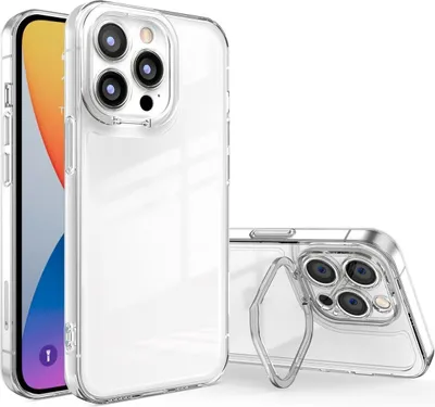 A clear plastic phone case is shown in two different orientations, with one case standing upright and the other lying on its side.