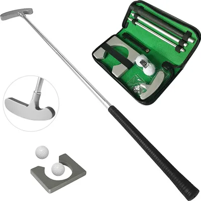 Obrázok produktu pre Súprava na golfové puttovanie s golfovým putterom, 2 golfovými loptičkami, cestovným golfovým jamkovým pohárom, na cvičenie puttovania v interiéri, prenosná súprava golfového puttera, vhodná pre pravákov