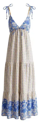 Produktbild von Langes Damenkleid im Bohème-Stil, hochtailliert, V-Ausschnitt, trägerlos.