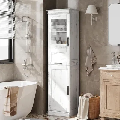 Image de Armoire de salle de bains haute - Armoire de rangement indépendante - 170 cm - Porte vitrée - Tiroir - Étagères réglables - À une rangée - Blanc