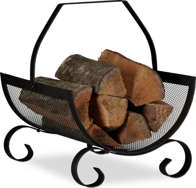 Produktbild von Relaxdays Kaminholzkorb schwarz, Brennholzkorb groß, Holzwiege Kamin, Feuerholzkorb Metall, HxBxT 40 x 33 x 38 cm, black
