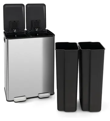 A stainless steel dual-compartment trash can with two black inner bins, shown against a white background.