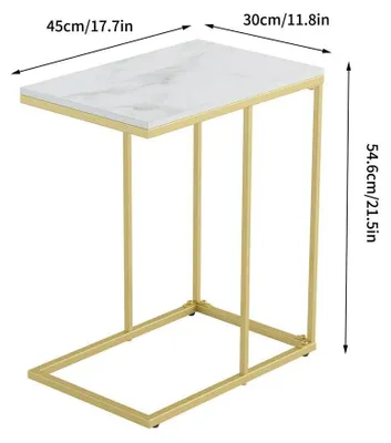 Image de Table d'appoint en forme de C, table pour ordinateur portable, table de chevet, table basse - Structure en métal - Plateau en pierre synthétique - 45x30x54,6 cm - Or/Blanc