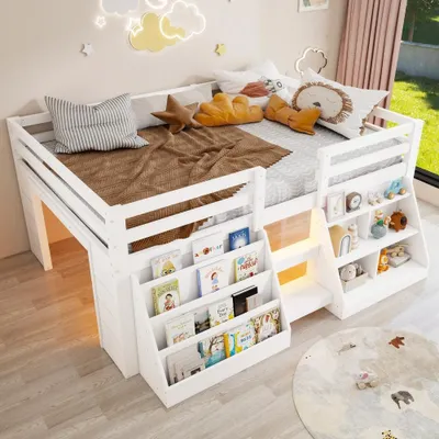 Produktbild von Halbhohes Bett Kiefernholz mit Einlegeböden Geländer Leiter LED, 140x200 cm weiß