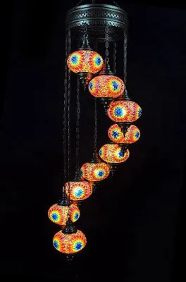 Image de Suspension à 9 globes en verre mosaïque multicolore - Suspension turque avec 9 boules en verre mosaïque - Plafonnier oriental