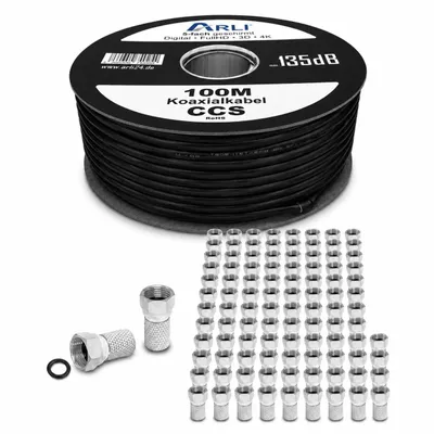 Produktbild von 100m ARLI Koaxialkabel Schwarz – max. 135 dB 5-fach geschirmt + 100x F-Stecker mit breiter Mutter und Dichtring DVB-S2 SVB-C2 DVB-T2 4K HD TV