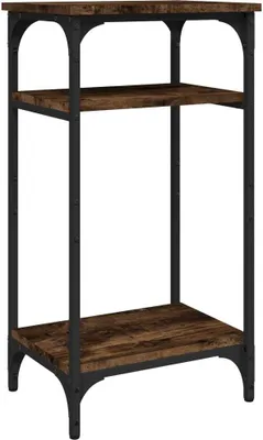 A three-tiered shelf unit with a rustic wood finish and black metal frame, presented against a white background.