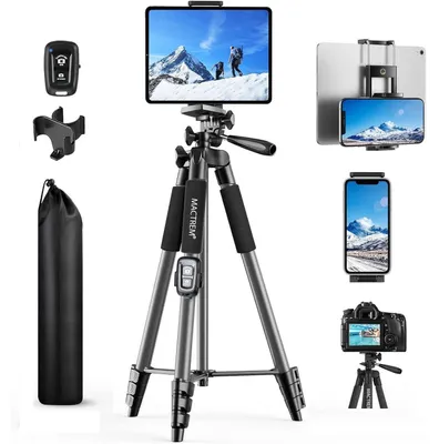 Immagine prodotto di Treppiede portatile da 165 cm per fotocamera, compatibile con smartphone, iPad, tablet, GoPro, colore grigio, con telecomando